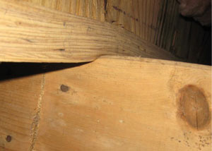 A failing girder showing signs of compression damage in a North Carolina home
