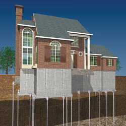 Illustration of a completed installation of a foundation push pier system